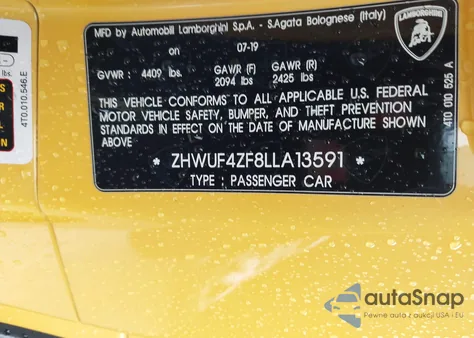 2020 Lamborghini Huracan Evo z USA, uszkodzony, nr VIN ZHWUF4ZF8LLA13591